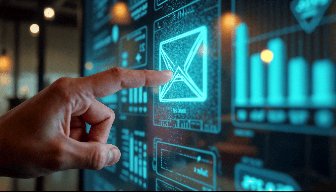 Hand reaching to tap a glowing envelope icon on a translucent digital dashboard displaying charts and data panels, set in a dimly lit high-tech workspace with a focused, professional tone. No legible text present.