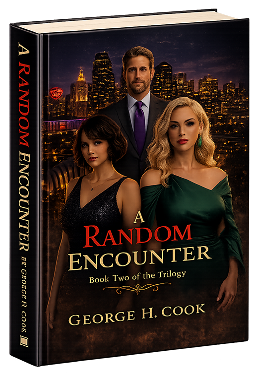 Promotional book cover art for A Random Encounter book 2 of The Encounter Trilogy, featuring a stylized image of a couple dancing at prom with the Kansas City skyline in the background. The cover text reads: A Random Encounter. Book Two of The Trilogy written George H Cook. The mood is romantic and nostalgic, suggesting themes of love and chance in an urban setting.