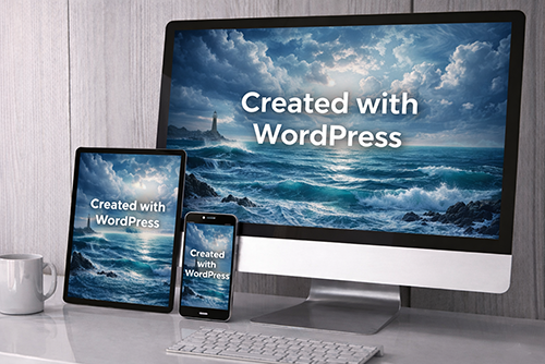 Desktop monitor, tablet, and smartphone displaying a WordPress website with an ocean and lighthouse background.