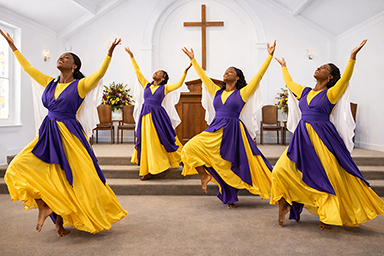 Four praise dancers in flowing yellow and purple worship garments mid-step with arms raised in joyful, reverent praise on a raised church platform; a wooden cross on the sanctuary wall and floral arrangements are visible in the background