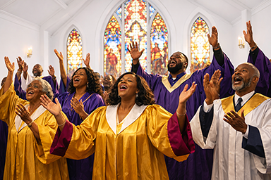 Gospel choir singing during worship service