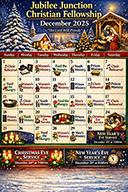 Jubilee Junction Christian Fellowship December 2025 wall calendar showing a nativity scene at top and a monthly grid with dates and event labels. Header text reads Jubilee Junction Christian Fellowship December 2025 The Lord Will Provide. Calendar highlights Choir Rehearsal, Feed the Hungry, Prison Ministry, Mens Ministry, and special services: Christmas Eve Service December 24 at 7:00 PM and New Years Eve Service December 31 at 8:00 PM.