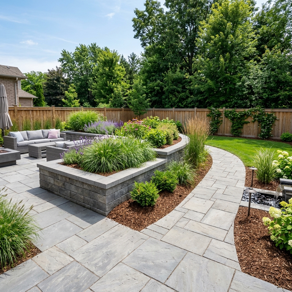 After: Stone walkway planter beds hardscape design